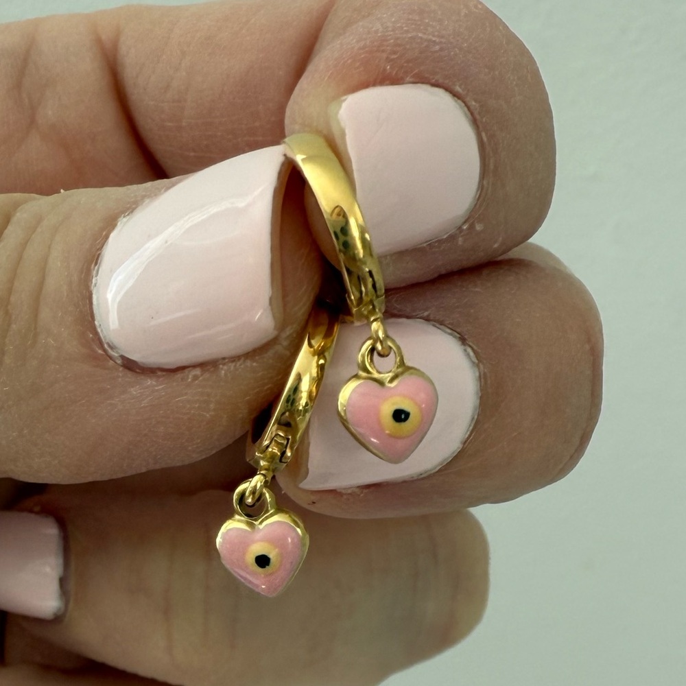 14k Gold Hoop Earrings with Pink Heart Dangle